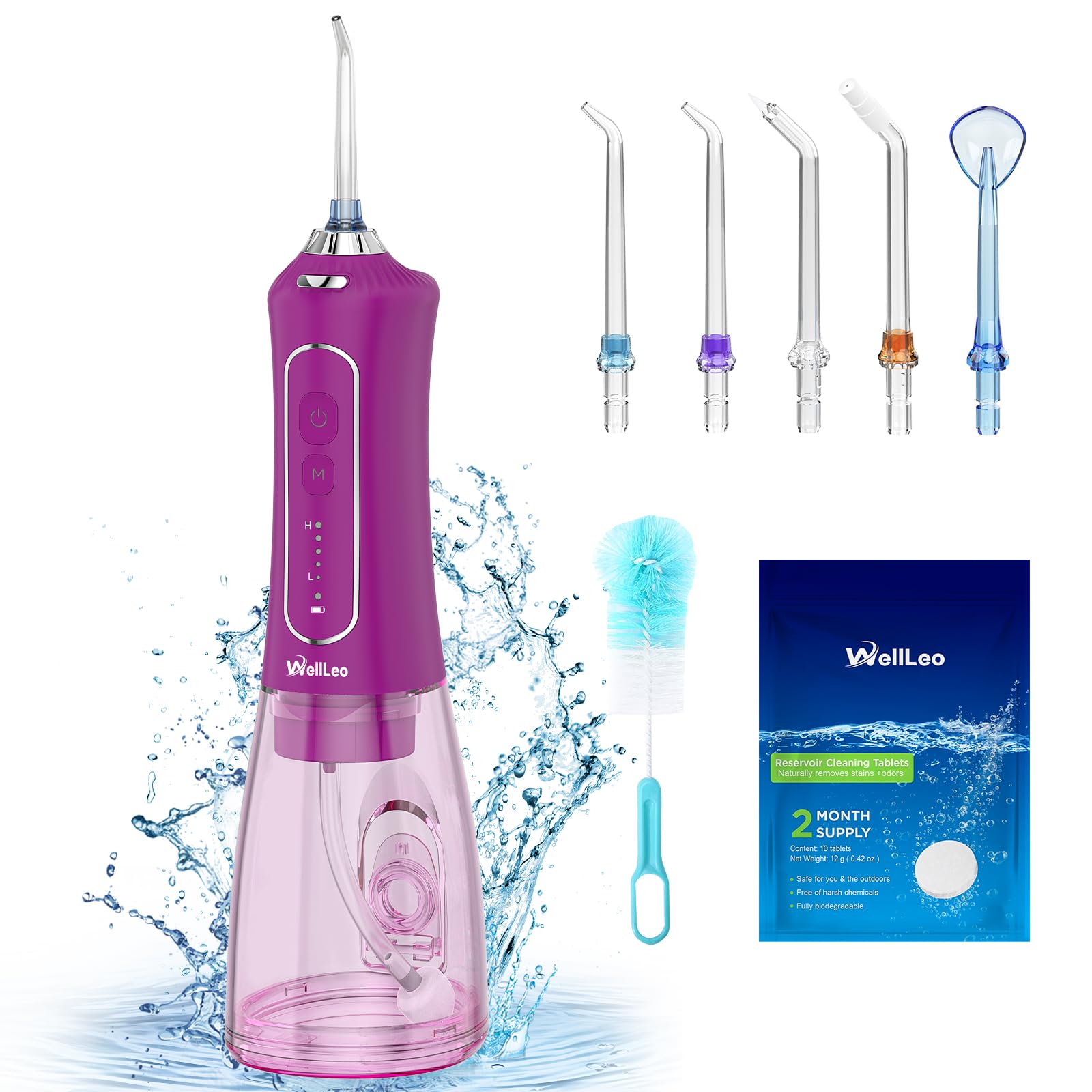 WellLeo Irrigador bucal para dientes, irrigador oral inalámbrico de 300 ml, púas dentales recargables con 5 modos, 5 puntas de chorro, limpiador de dientes impermeable IPX7 para el cuidado de las