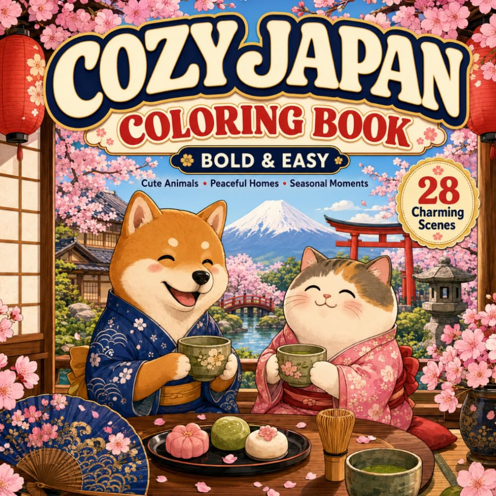 Cozy Japan Coloring Book: Bold and Easy Japanese Coloring Pages with Cute Animals, Peaceful Homes, and Seasonal Moments