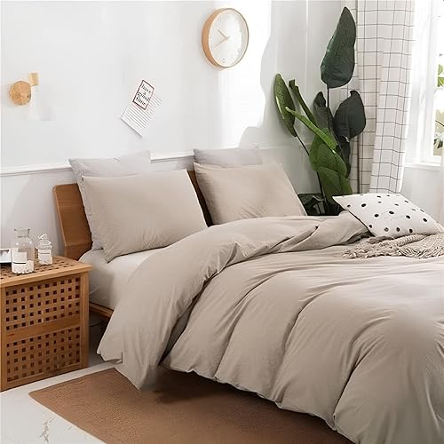 Miniatura 3 de INDACORIFY Funda de edredón de algodón de color beige, funda de cama de algodón suave lavado a la piedra, juego de 3 piezas, funda de edredón de