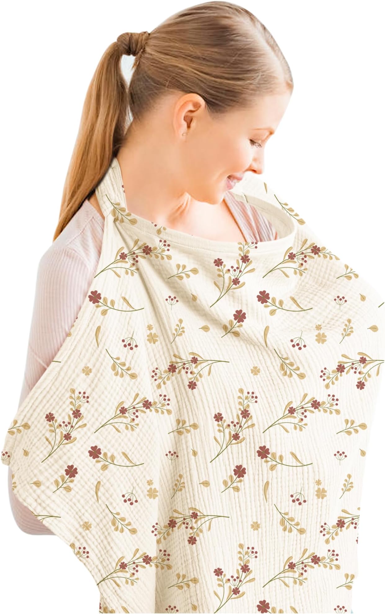 Konssy Muslin Nursing Cover for Baby Breastfeeding, Breathable 100% Cotton Breastfeeding Cover with Rigid Hoop for Mother Nursing Apron, Multi-use Carseat Canopy (Lovely Bouquet)
