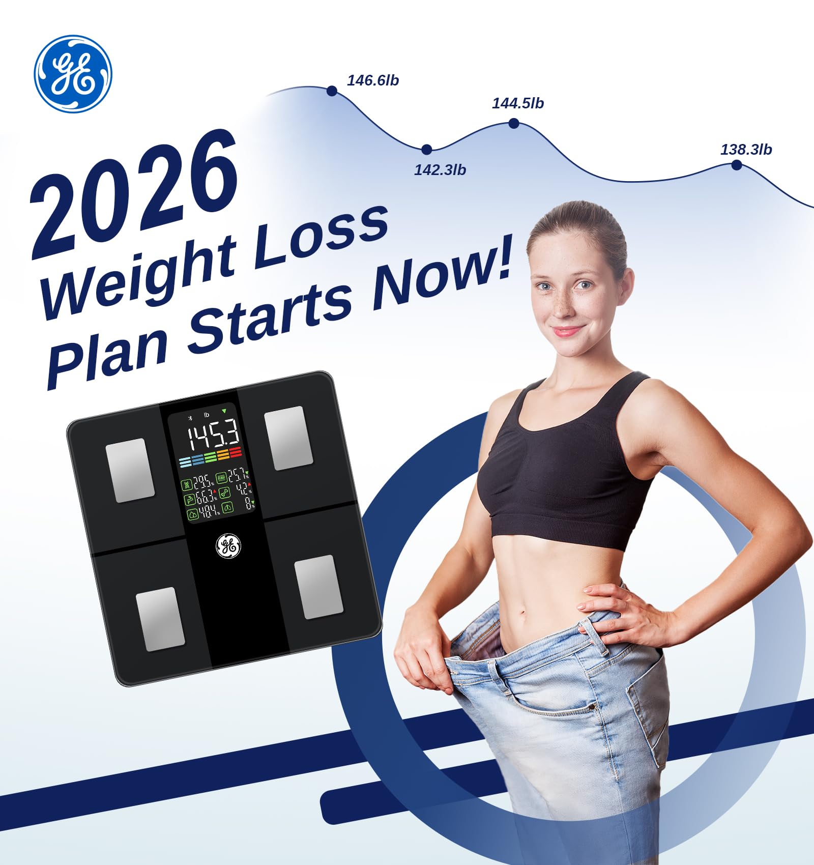 GE Körperfettwaage Digital mit Großem Display, Smart Waage mit Körperfett und Muskelmasse mit APP 14 Körpermaße BMI Bluetooth Personenwaage bis 180 kg / 400 lb