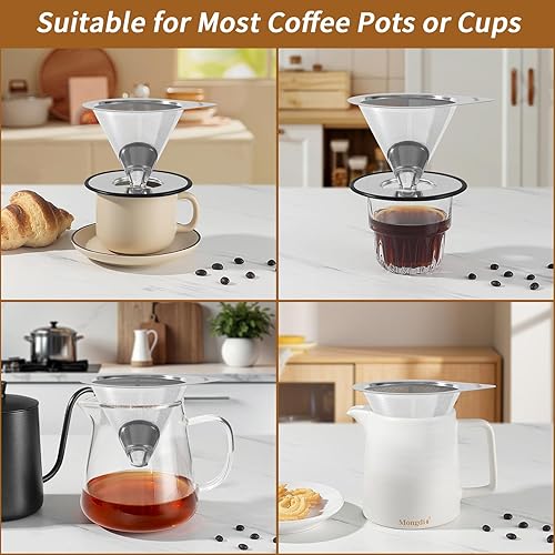 Miniatura 4 de Mongdio Gotero de café vertido, gotero de café de acero inoxidable, filtro de café de metal reutilizable, diseño de doble malla de verter sobre