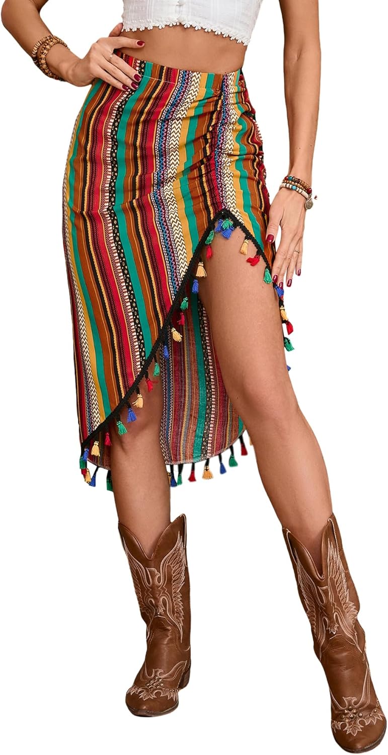 BEAUDRM Women's Boho Tassel Trim Skirt Split Ruched Fringe Hem Midi Skirts Rave Country Concert Festival Outfits