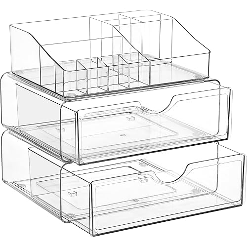 Vtopmart 3 Tier Clear Makeup Organizer with Drawer, Cosmetic Storage for Dresser Countertop and Bathroom Vanity, Beauty Holder for Lipstick Brush Skincare