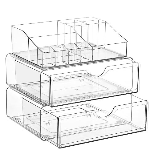 Vtopmart 3 Tier Clear Makeup Organizer with Drawer, Cosmetic Storage for Dresser Countertop and Bathroom Vanity, Beauty Holder for Lipstick Brush Skincare - 3 Tier