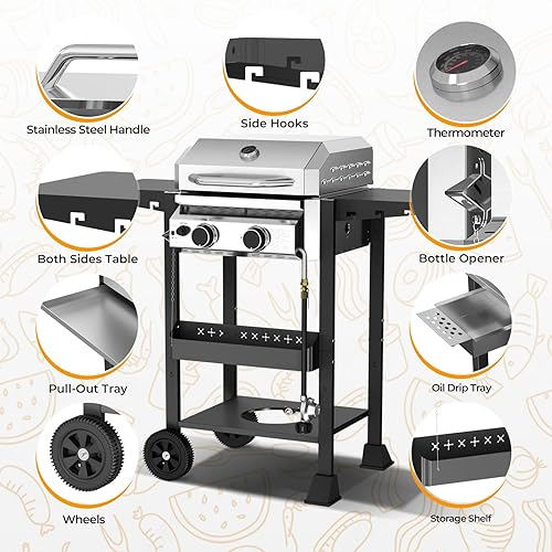 Miniatura 2 de R.W.FLAME G20B - Parrilla de gas propano con 2 quemadores, 16000 BTU de acero inoxidable al aire libre para cocinar con tapa superior, ruedas,