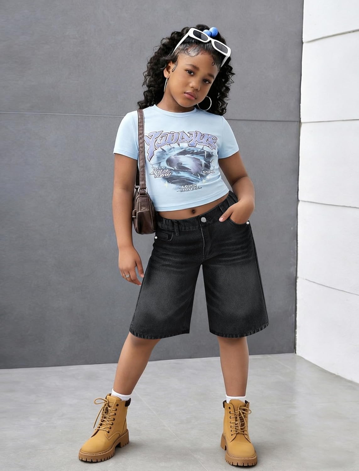 Girls Jean Shorts Baggy Wide Leg Washed Bermuda Denim Shorts Straight Leg Cute Summer Y2K Streetwear 7-14Y