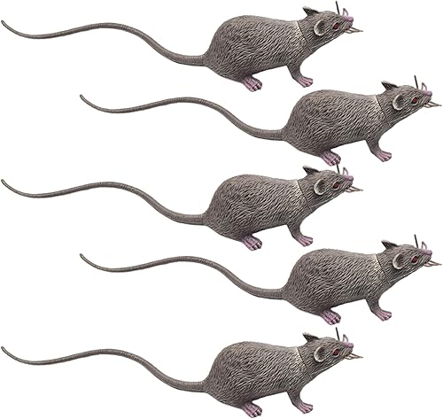5PCS Realistic Mouse Figurines, Lifelike Plastic Rat Toys with Squeaky Sound for Photography Props and Pranks, Grey...