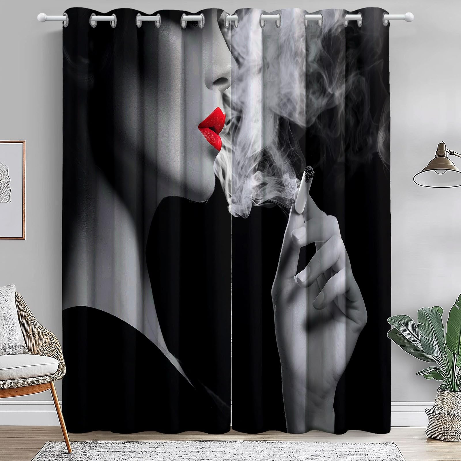Zasłony Zaciemniające Pani Papieros Moda Wzorzyste Zasłony Izolowane Termicznie Z Oczkami, Szary Czarny Zasłony Salon Pokój Dziecięcy Jadalnia, 140 cm x 225 cm (2 Panele)