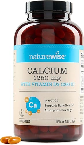 NatureWise Calcio totalmente natural de alta pureza de 1250 mg + vitamina D3 1000 IU + aceite de coco orgánico MCT, seguro para el embarazo + sin