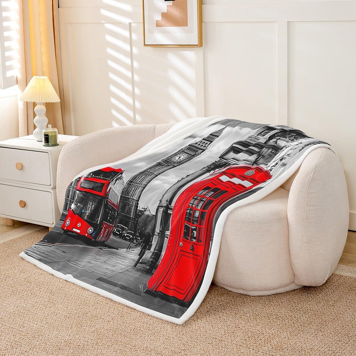 Modern Cityscape Sherpa Blanket London Themed Fleece Throw Blanket for Sofa Bed Couch Retro Telephone Booth The Big Ben Print Fuzzy Blanket Red Grey Famous European City Room Decor Throw 50"x60"