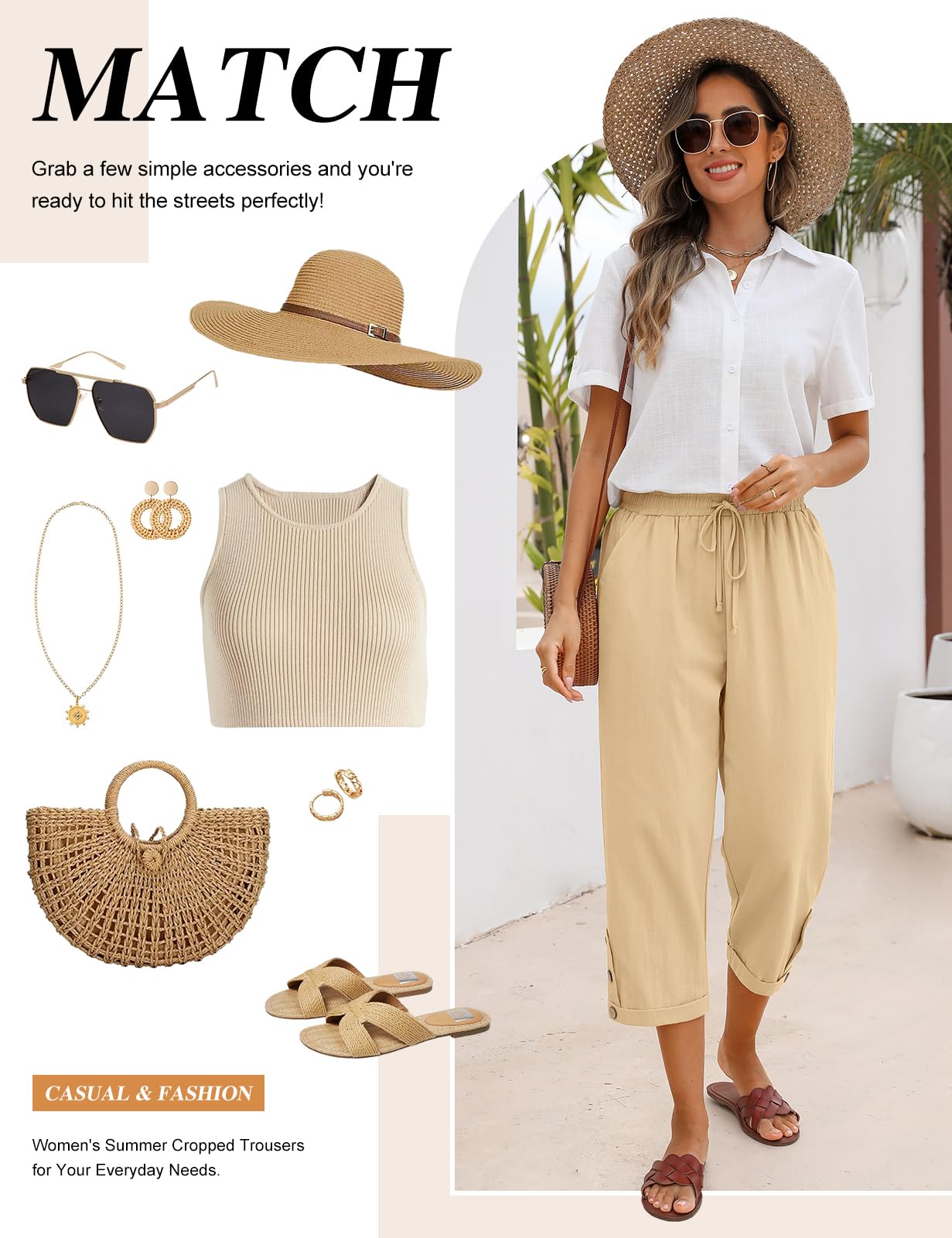 CMTOP Pantalones Mujer Verano Algodón 7/8 Pantalon Cintura Elástico Casual Pantalones Anchos Suelto Cómodos Flojo Playa Pantalón Pirata con Bolsillos