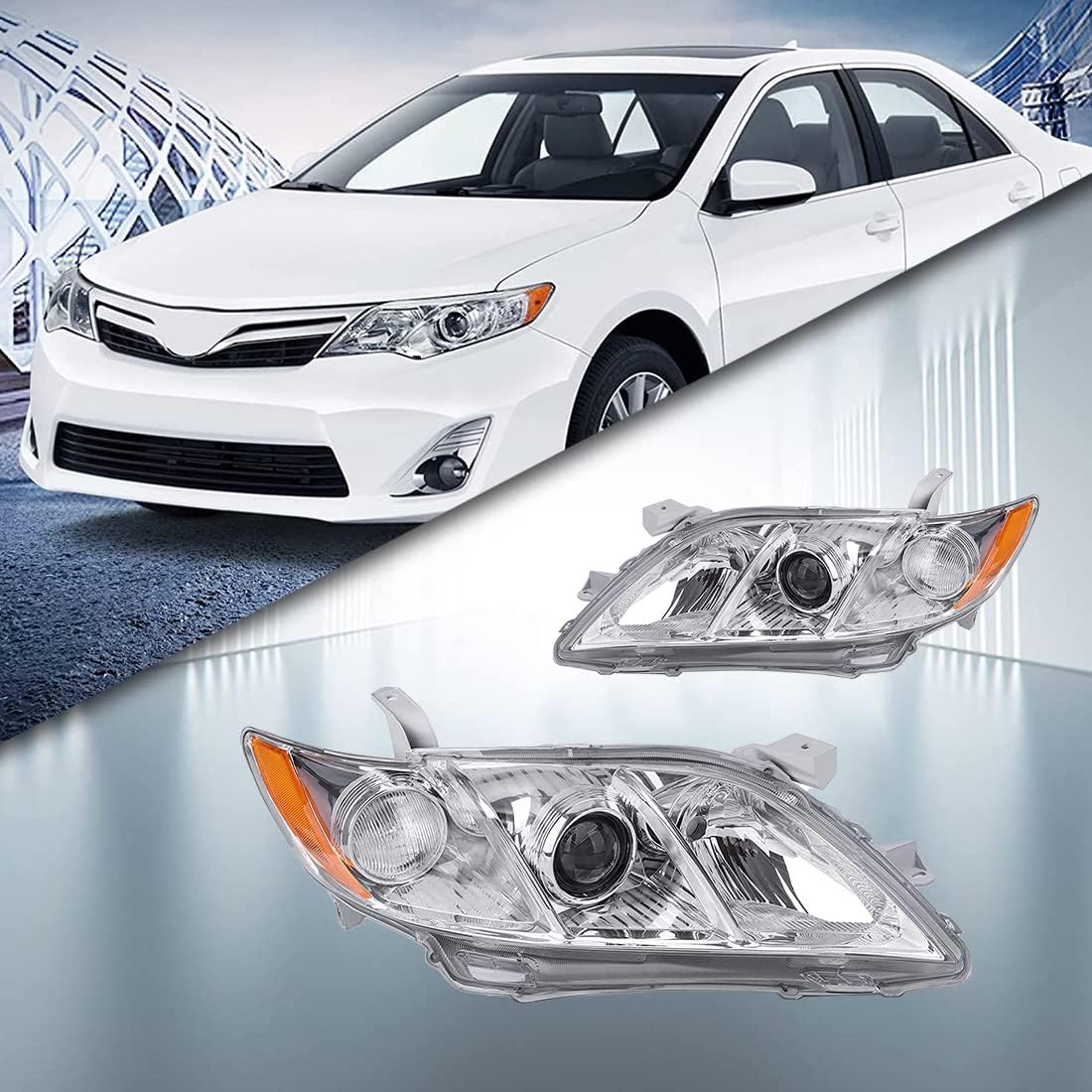 Automotive Headlights fit for 2007 2008 2009 Toyota Camry Headlamp Replacement Kit with Chrome Housing Amber Reflector Clear Lens LH+RH