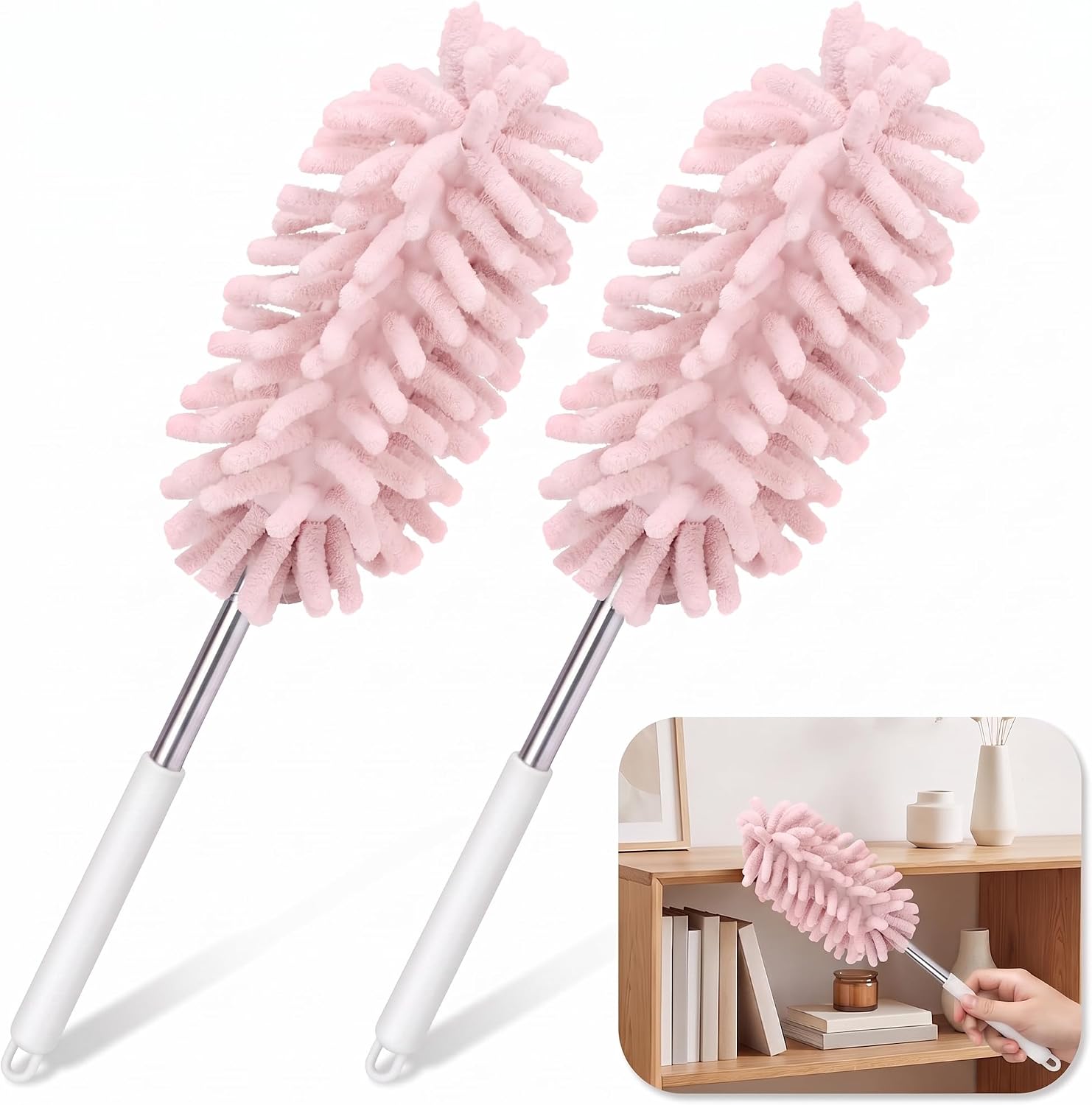 2PCS Telescopic Car Detailing Duster, Flexible Adjustable Cleaning Head, Gentle Multi-Purpose Car Detailing Brush for Interior Dashboards, Office Desks & Window Surfaces (Pink)