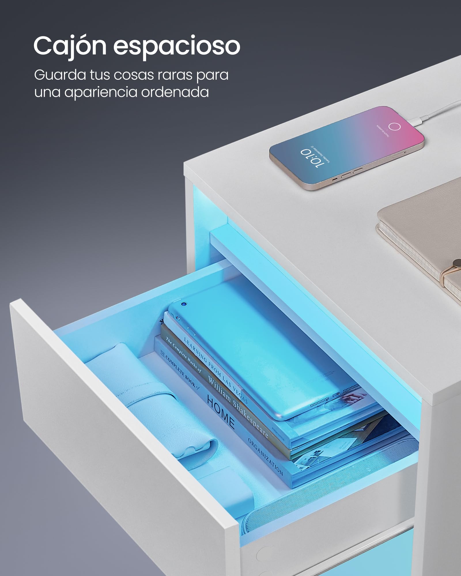 VASAGLE KAILYN Colección - Mesita de Noche con Estación de Carga, Mesa Auxiliar con Luces LED Ajustables, con Cajón, 2 Tomas AC, 2 Puertos USB, Moderno, para Dormitorio, Salón, Blanco Nube LET618T15V1