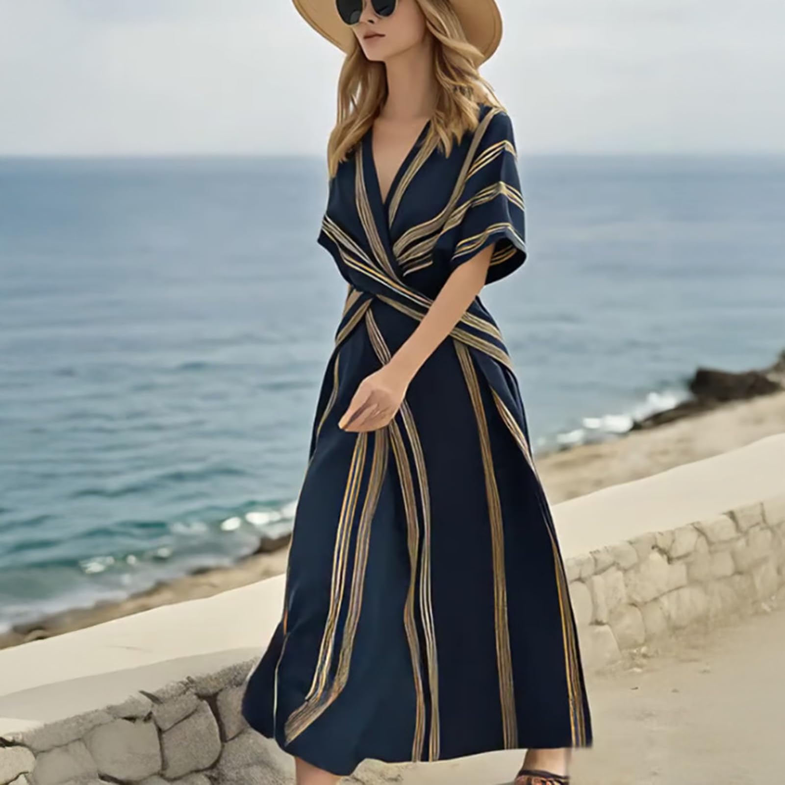 Maxi abito estivo da donna a righe, maniche corte, scollo a V, linea ad A, svasato, casual, per spiaggia, vacanze, uso quotidiano, leggero, morbido, comodo, traspirante, abiti da donna