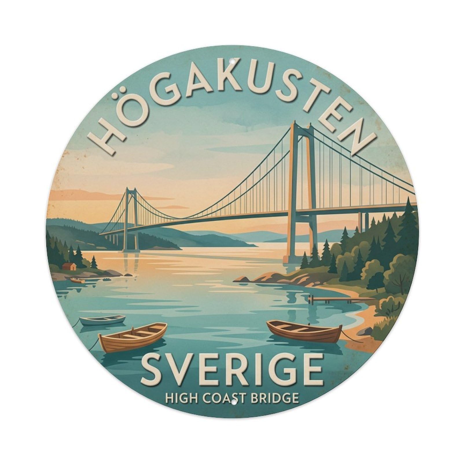Vintage Travel Hogakusten Sweden Bridge Metal Tin Sign