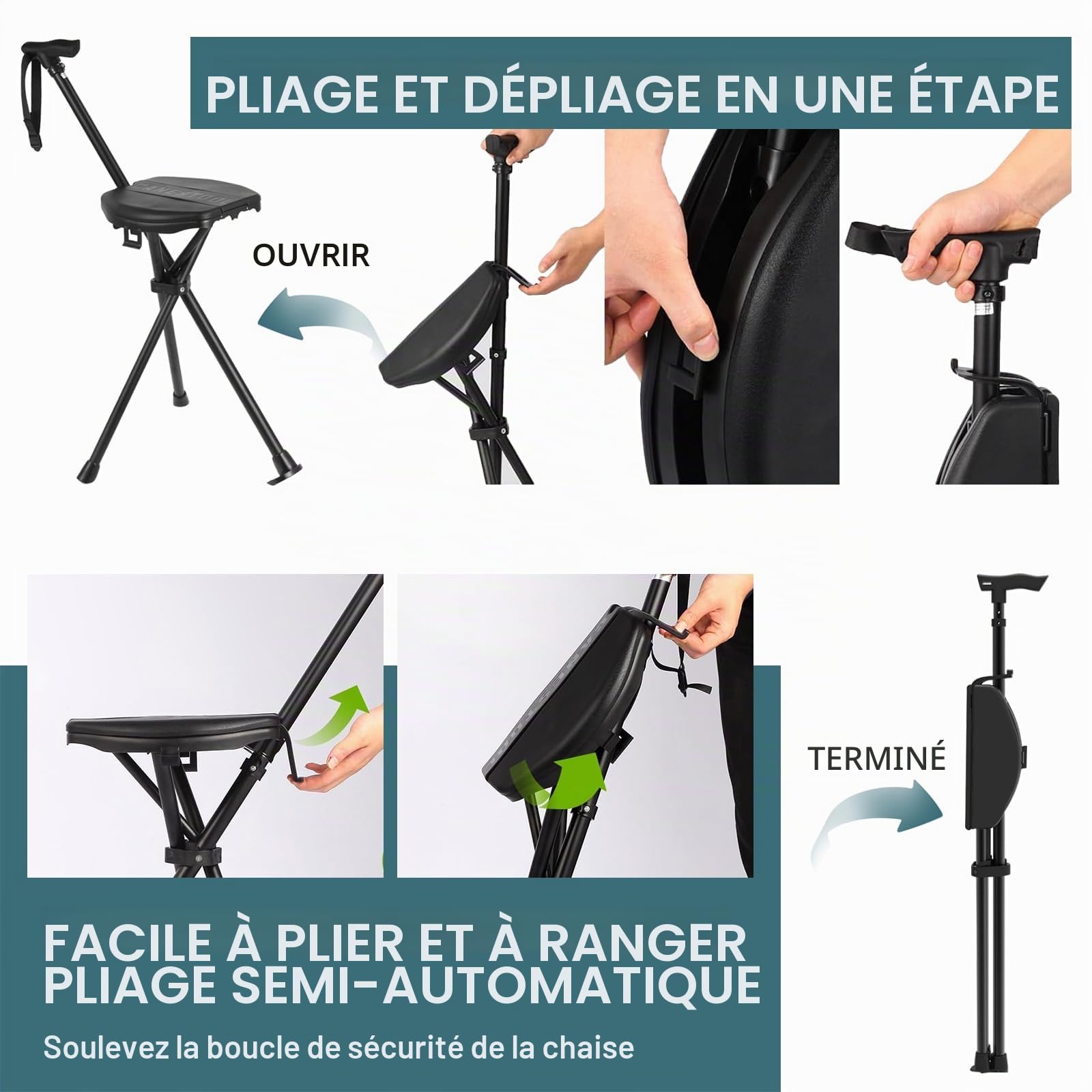 Canne de marche pliable avec siège 95-104 cm, Charge max.: 250 kg
