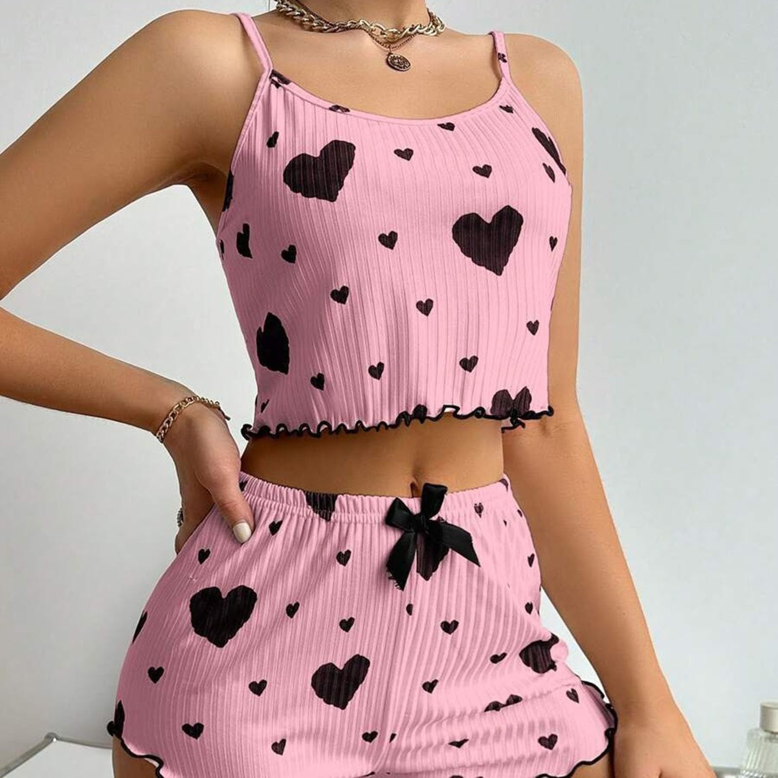 Pijama para mujer con estampado de corazón, pijama de dos piezas, holgado, cómodo conjunto de cami top y mini pantalones cortos, pijama ligero transpirable para yoga y salón