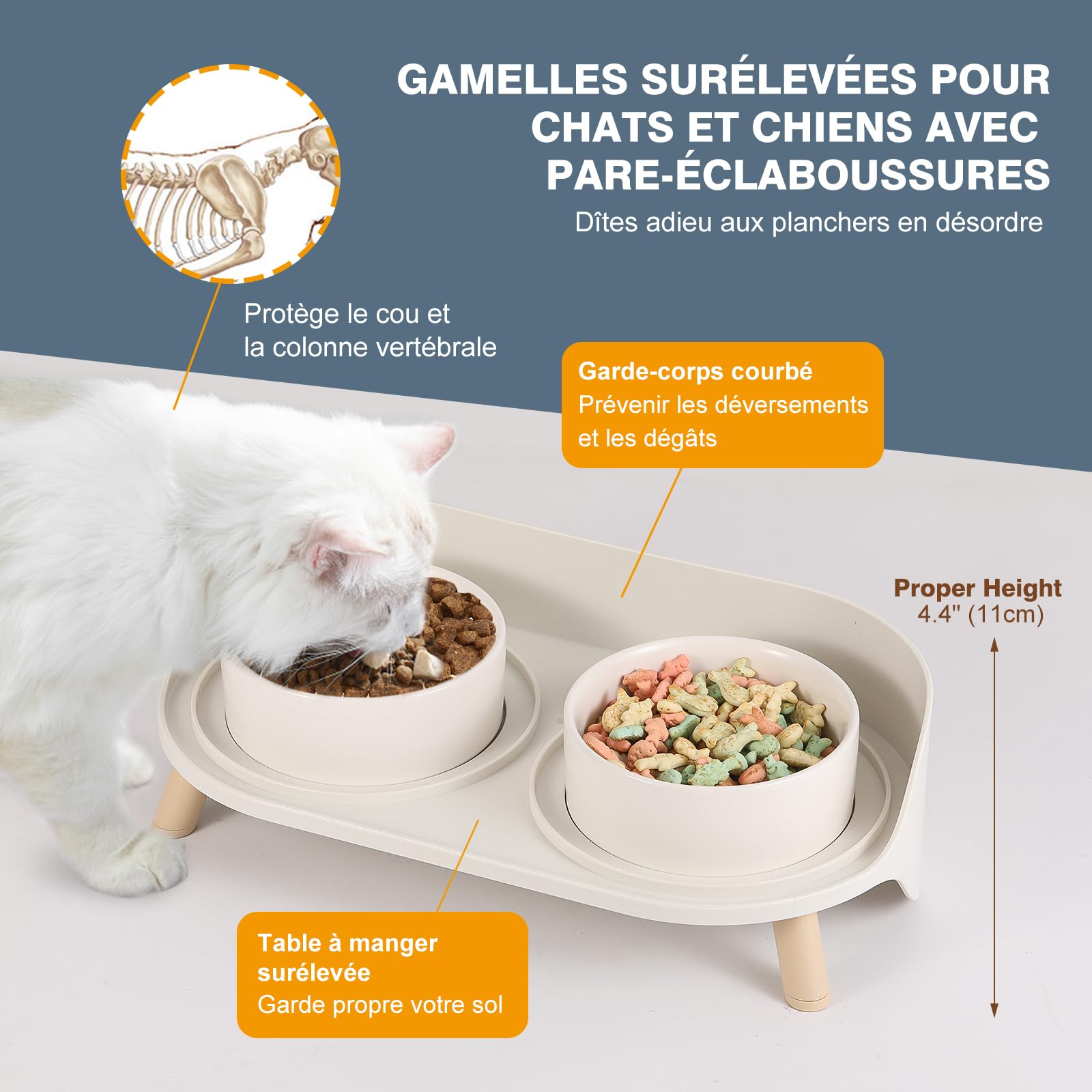 Double Gamelle Chat Surélevée en Céramique - Gamelle pour Chat avec Support Antidérapant - Bols pour Eau et Nourriture, Anti-Éclaboussures, pour Chiots et Petits Chiens - 2 x 320 ML - Blanc
