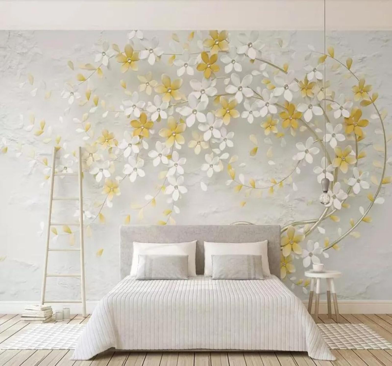 Tzxztt 300Cm×210Cm(B×H) Minimalist Fresh Lemon Yellow Floral Embossed Modern 3D Wallpaper Premium Textured Silk Neutral Tones Material Ideal For Living Room Bedroom-300Cm×210Cm