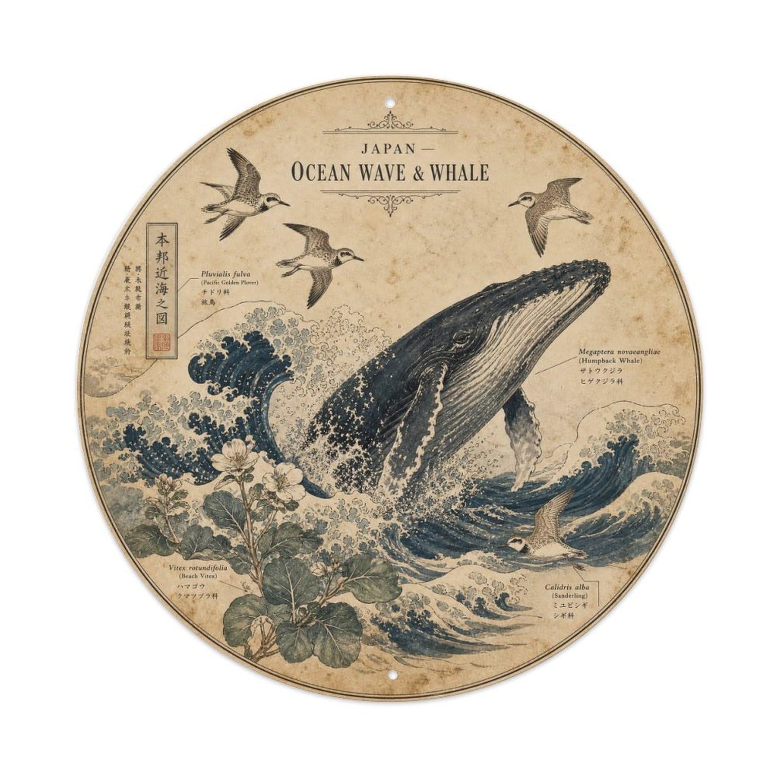 Olyhtr 8X8inch Classic Style Meiji Japan Wave Whale Ceramic Folk Pattern Metal Tin Sign