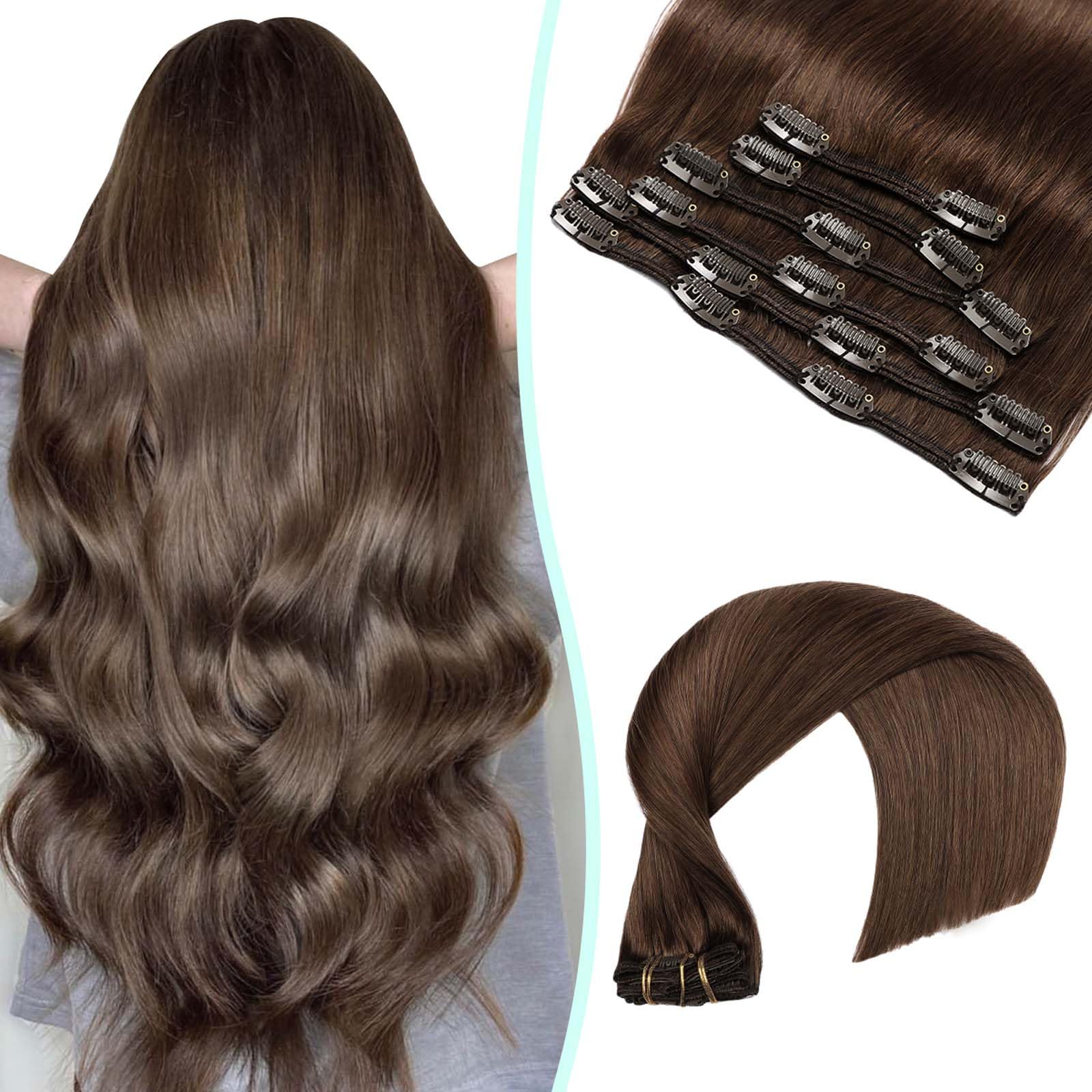 VINBAO Extension Clip Capelli Veri #4 Castano Cioccolato, 35cm Extension Capelli Veri Clip, Lisci Estensioni Dei Capelli 6pcs Umani Clip Capelli Estensione Con Clip Capelli Veri 100g (#C4, 14")