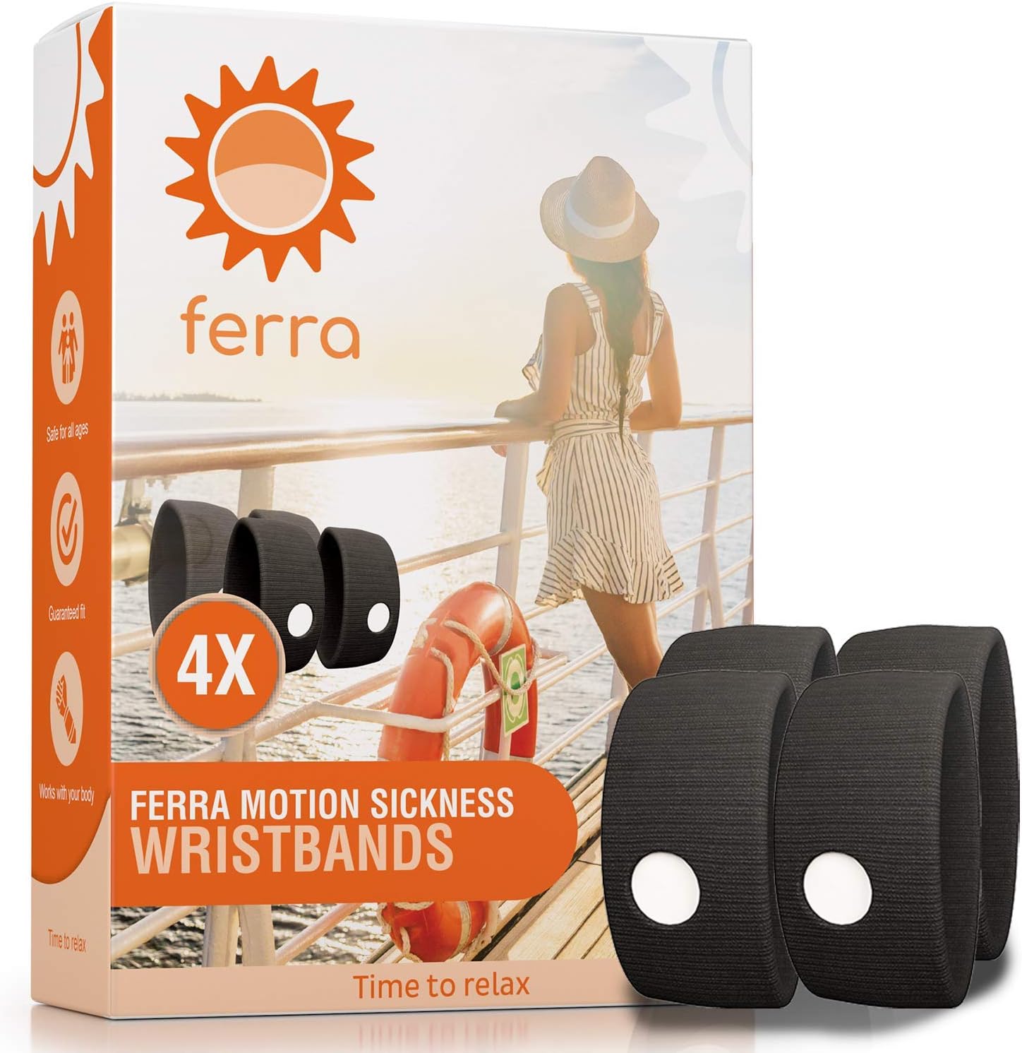 Ferra 2-Pair Motion Sickness Wristbands | Natural Acupressure Sea Sickness, Morning Sickness and Nausea Relief | 4 Sea Sickness Bands for Vacation Essentials and Cruise Ship Accessories