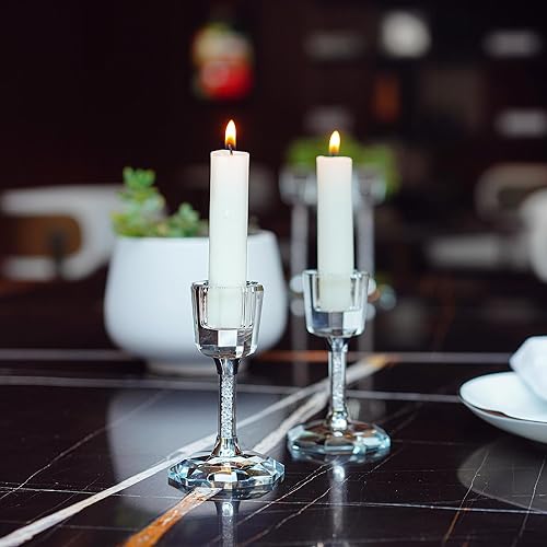 Juego de 2 portavelas de cristal redondo facetado transparente de 6 pulgadas de altura, soporte de vela decorativo de cristal para mesa, boda, cena,