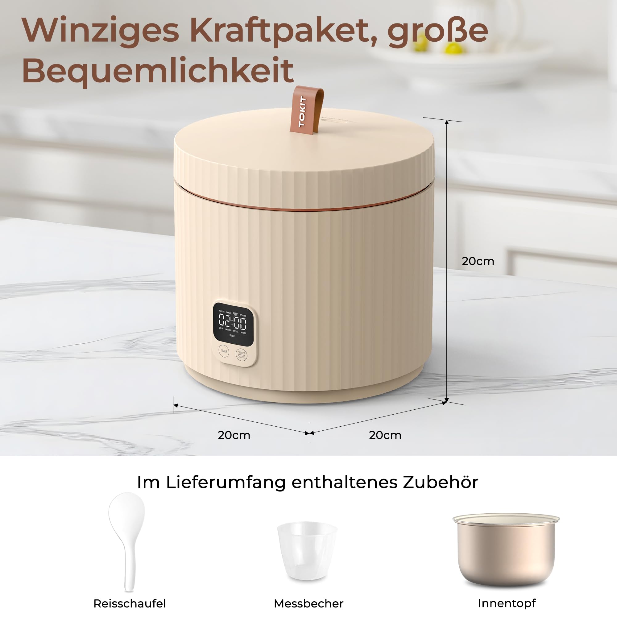 Tokit Rice Cooker Pro Reiskocher Klein Mini aber Multifunktionen mit Display-Touch-Taste für 1-3 Personen Keramisch beschichteter Antihaft-Innenreistopf(Weiß) – Bild 9
