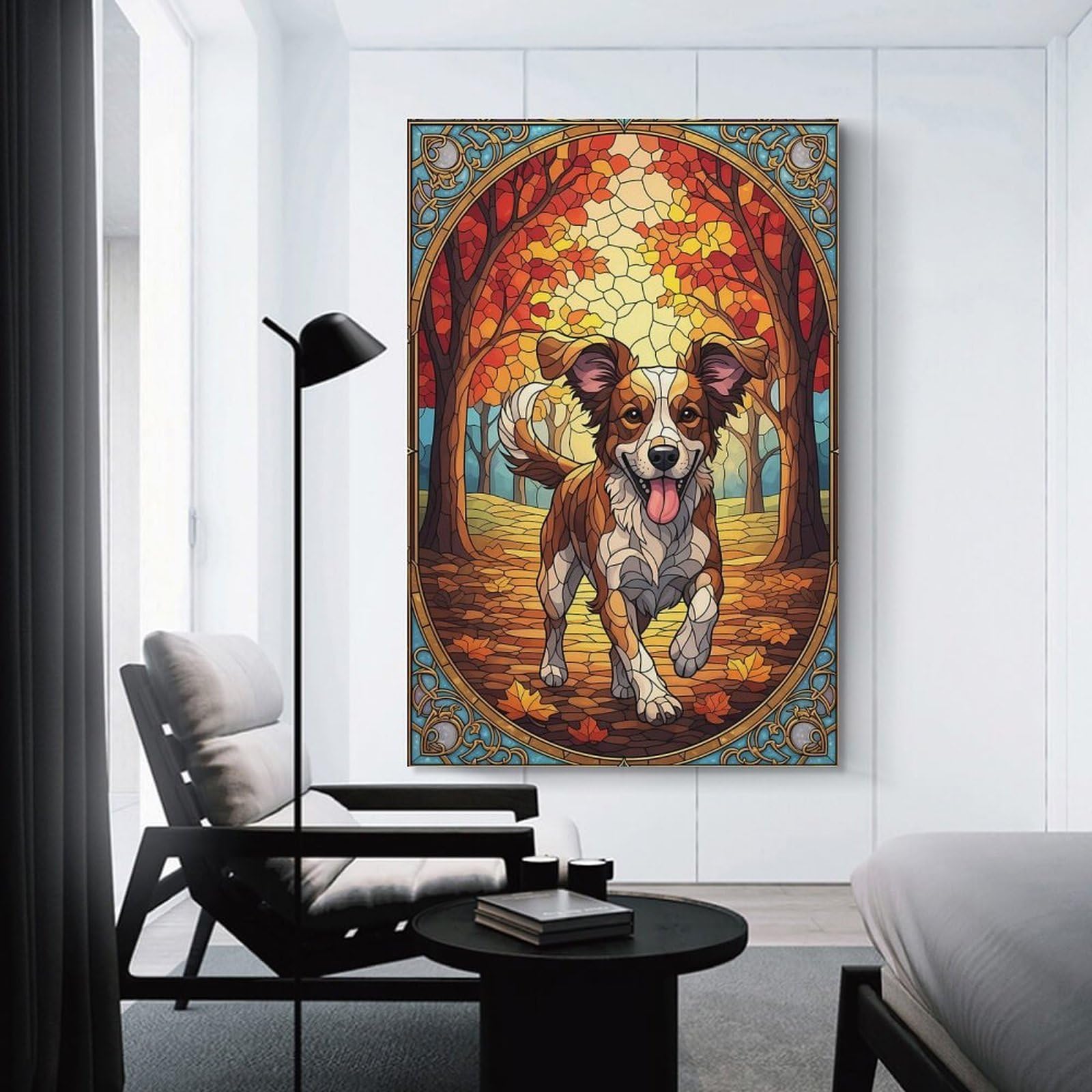 Junmoney Unframe-Style-24 Stained Glass Dog In Autumn Home Decor Wall Art 16X24inch(40X60cm), For Lounge, Study, Hallway Or Flat Walls, Stylish Home Artwork For Focal Walls
