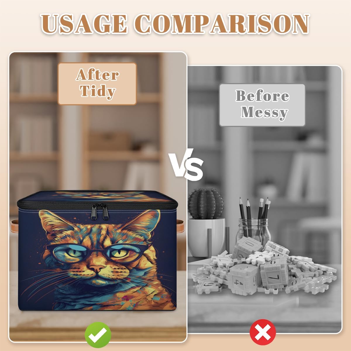 Storage Bin Set of 2 Animal Cat Storage Basket with Zipper Lid & Handle Foldable Closet Shelf 2 Pack Cloth Organizer Basket Cube Bins Clothes Organizer for Bedroom, Nursery