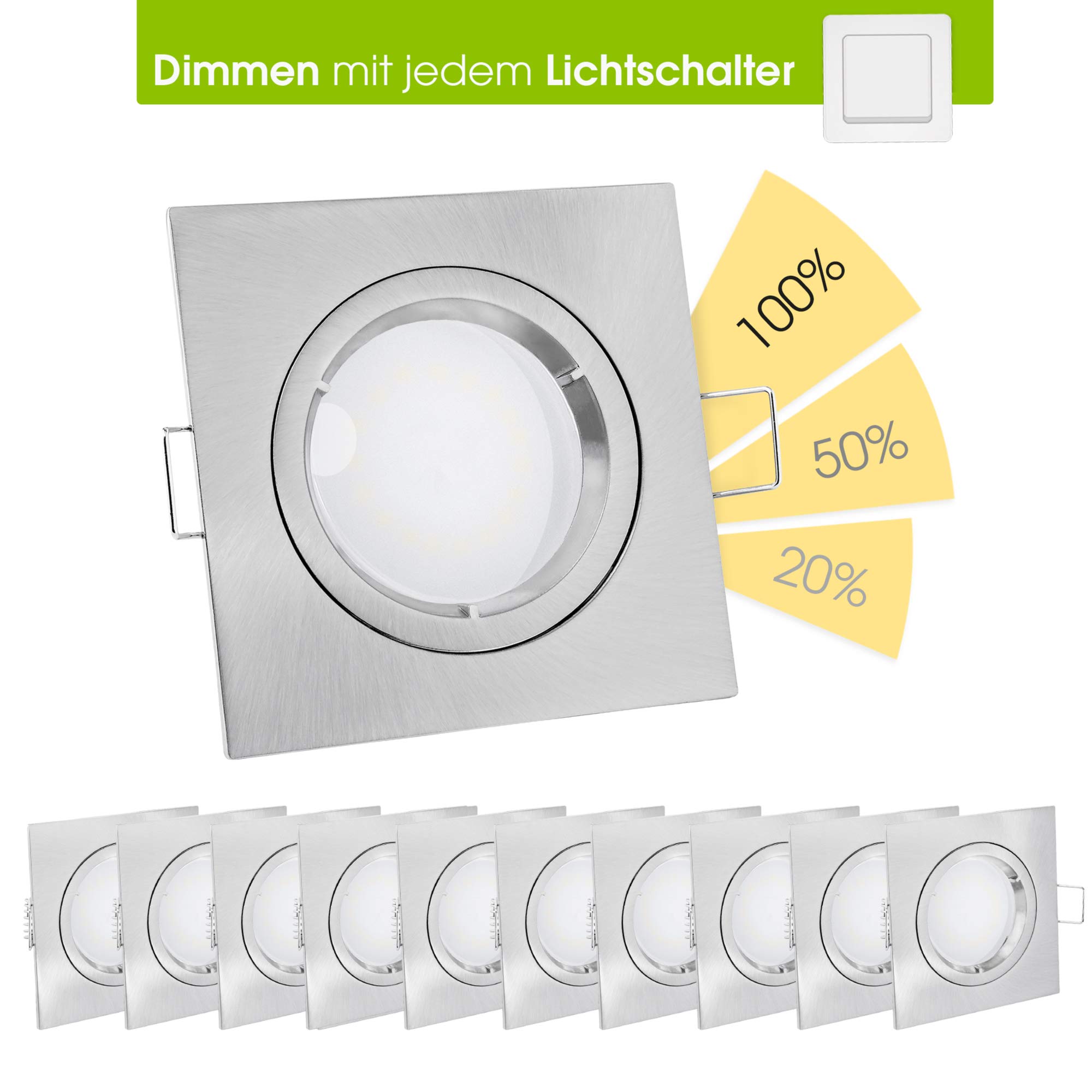linovum Einbaustrahler 10er Set eckig silber GU10 4W warmweiß fourSTEP | Zehn Deckenspots eckig Alu gebürstet - in 4 Stufen dimmbar ohne Dimmer, warmweiß, für Wohnzimmer & Flur, inkl. GU10 LED