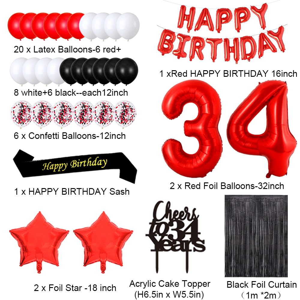 Sweet 34th Birthday Decorations - Black Number Balloons & Party Supplies Kit