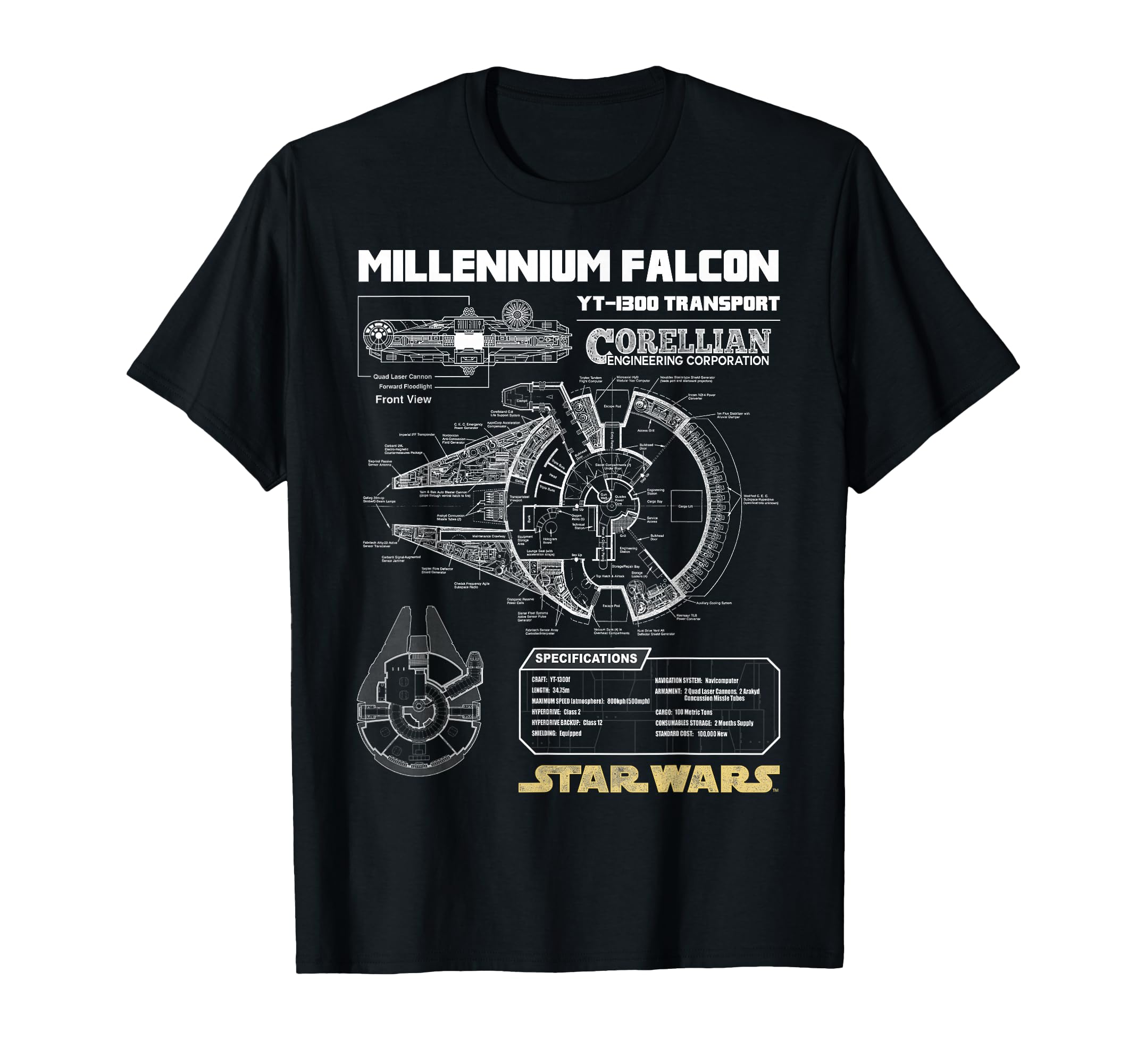 Gold Millennium Falcon Schematics T-Shirt