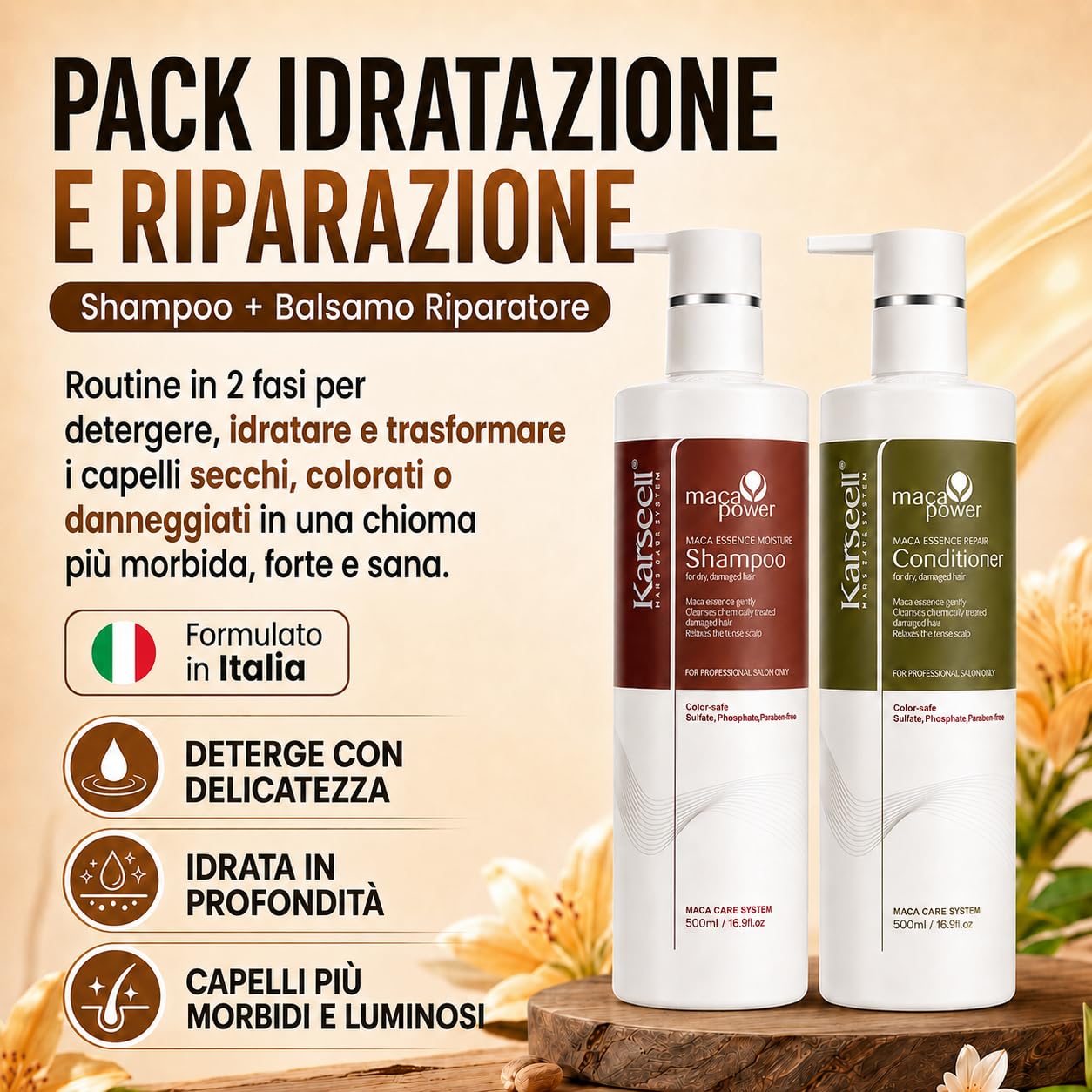 Karseell MACA CARE SYSTEM Set Shampoo Idratante + Balsamo Riparatore Capelli Secchi Danneggiati Colorati Ricci Lisciati Nutriente Anticrespo Collagene Argan Maca Professionale Senza Solfati 2x500ml