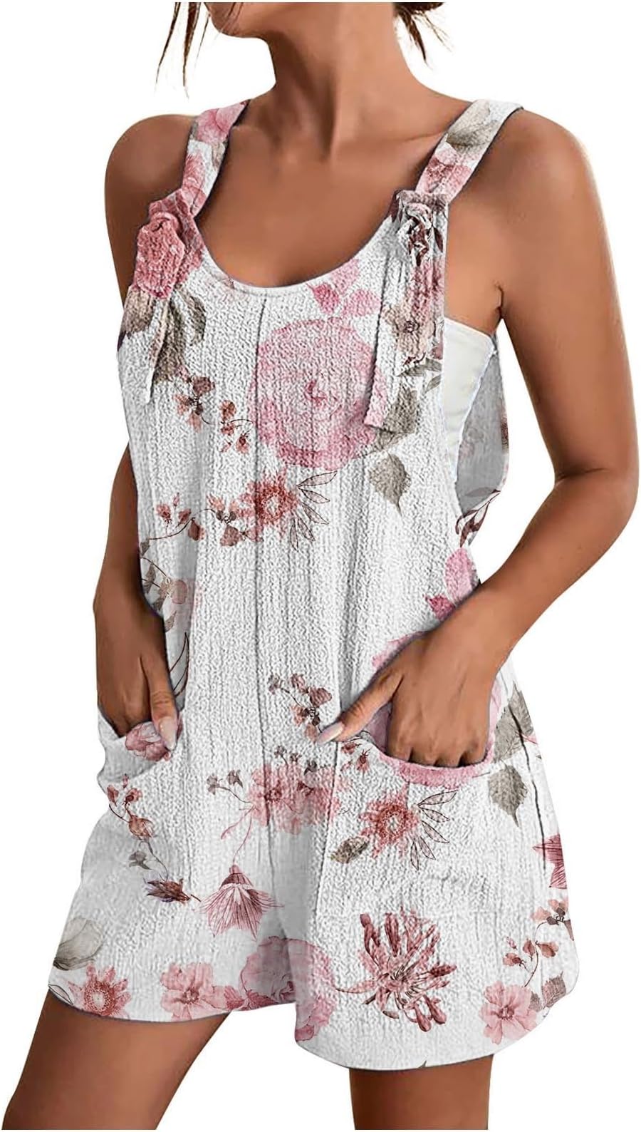 GenericWomen's Casual Summer Cotton Linen Rompers Overalls Jumpsuit Shorts Adjustable Straps Romper Summer Casual Loose Overalls Cool Sleeveless Jumpsuits with Pockets