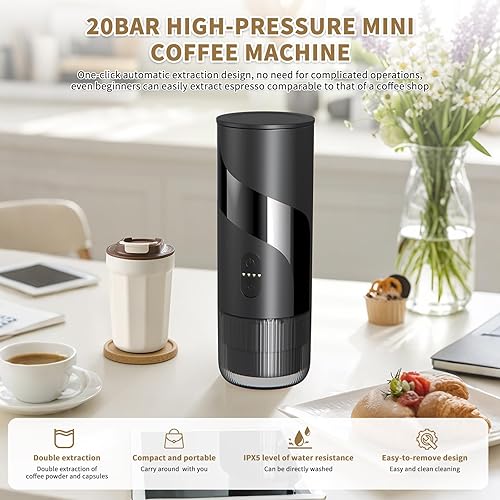 Miniatura 2 de Cafetera portátil, cafetería recargable portátil de viaje con USB-C, 20 bar, cafetera eléctrica para camping y viajes, cafetera de automóvil 3 en 1,