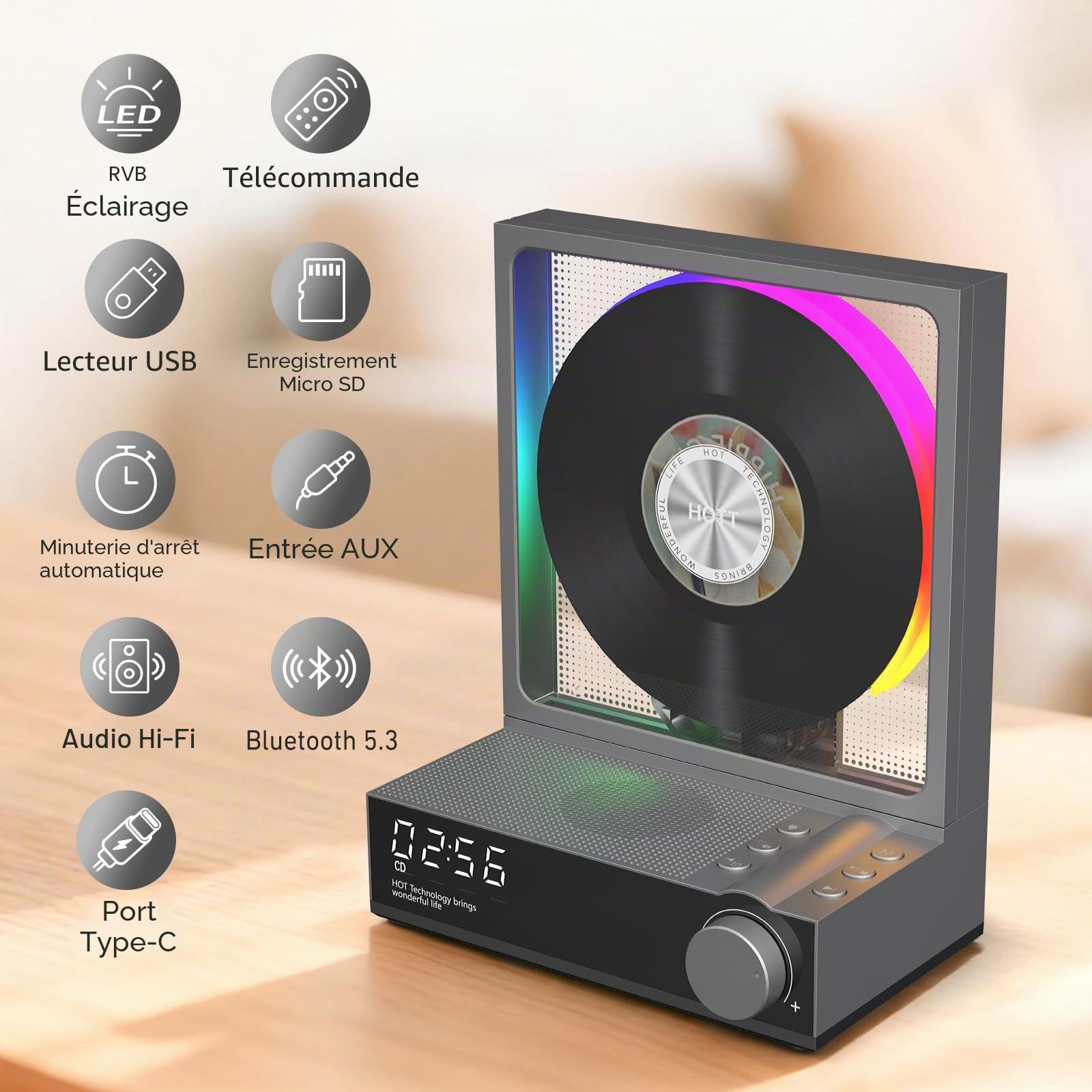 HOTT Lecteur CD de bureau avec télécommande, lecteur CD Bluetooth 5.3 avec lumières RVB, haut-parleurs HiFi, lecture et transcription, écran LED, minuterie (blanc)