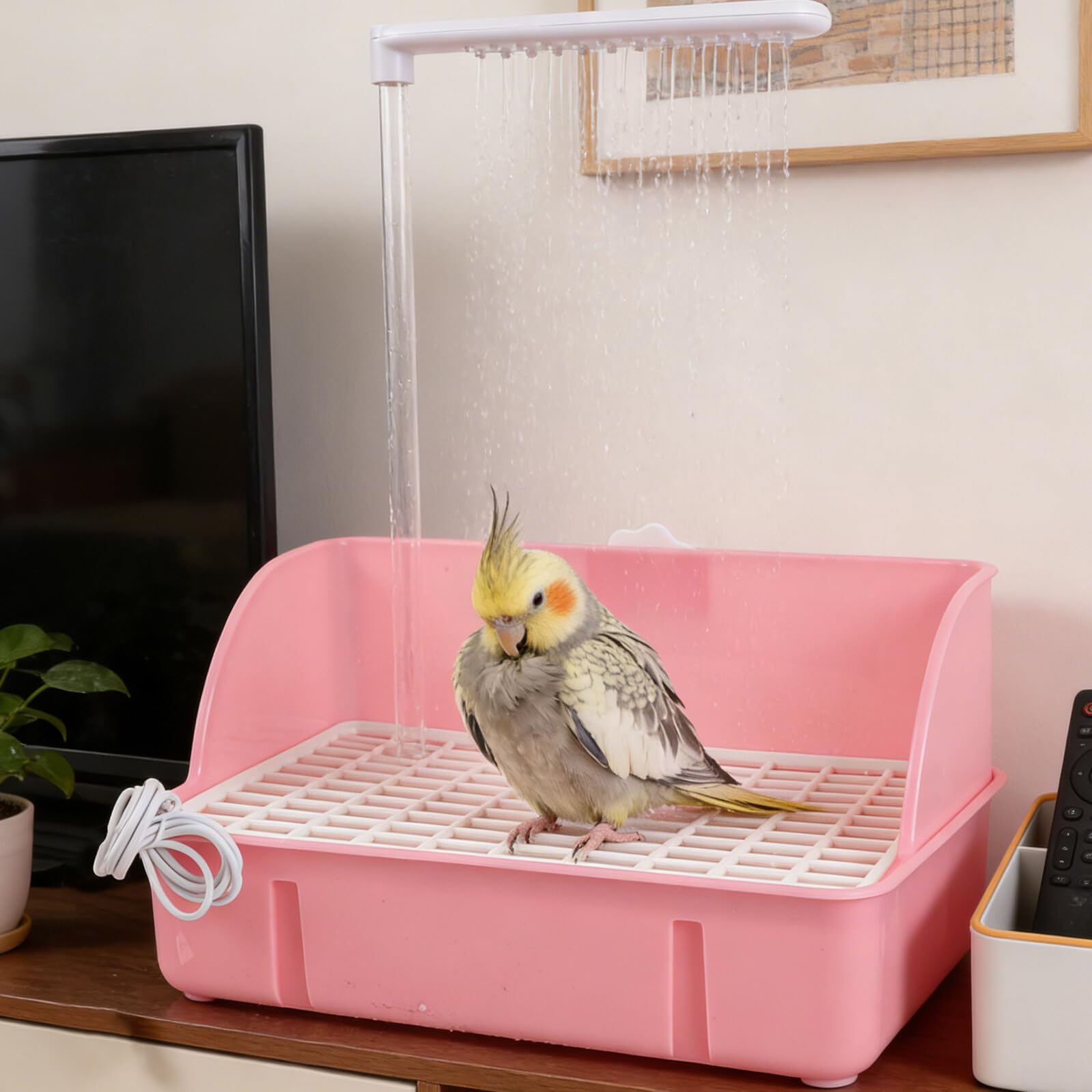Hohopeti Vasca da Bagno per Uccelli Pappagallo Doccia Circolazione Acqua, Vasca per Bagno degli Animali Domestici Rosa, Portatile e Silenziosa per Parrocchetti e Pappagalli in Gabbia
