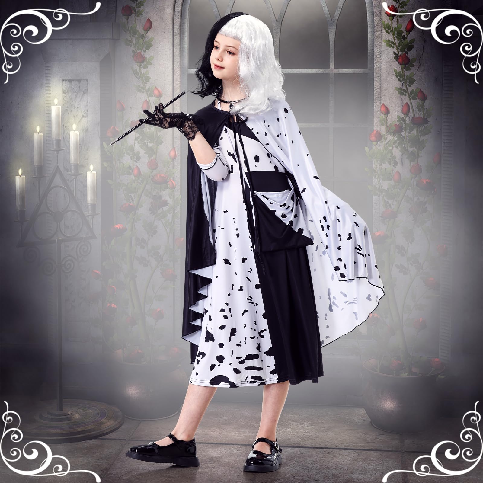IEEILULU Cruella Costume Bambina, Vestito Crudelia Demon Donna, Costume da Crudelia Deville per Ragazze, Buono per il Ragazze Cosplay di Halloween - il Carnevale del Male