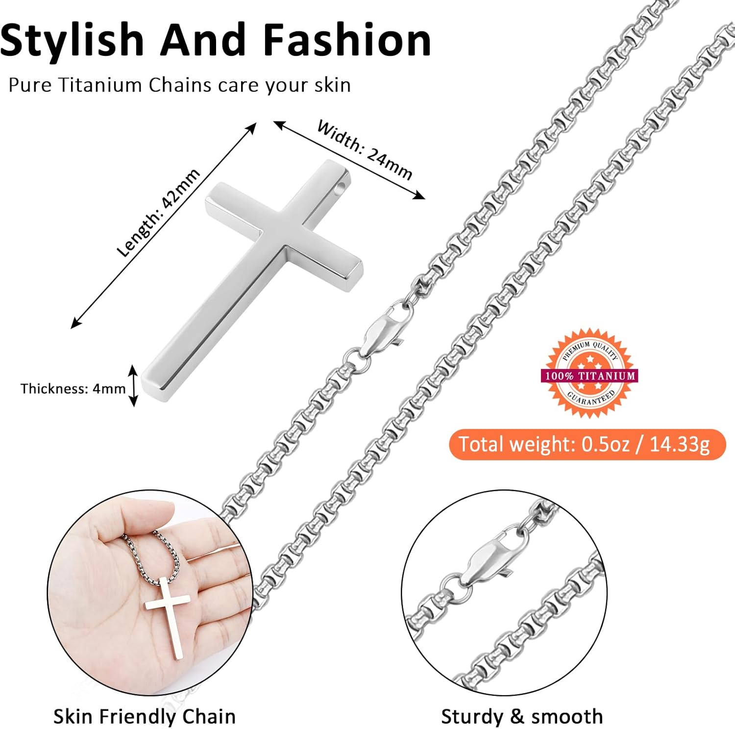 SanThree 3mm Pure Titanium Cross Necklace for Men Women Square Box Rolo Chain, Skin Friendly Solid Round Link Rolo Chain for Birthday Valentines Graduation Gifts,21.65"/23.62“ - Image 4