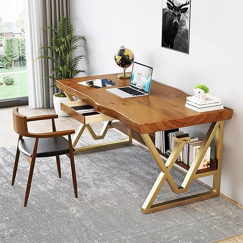 Miniatura 3 de Escritorio moderno de madera maciza simple para computadora soporte de metal dorado tablero de mesa de pino de 20in escritorio de juego de