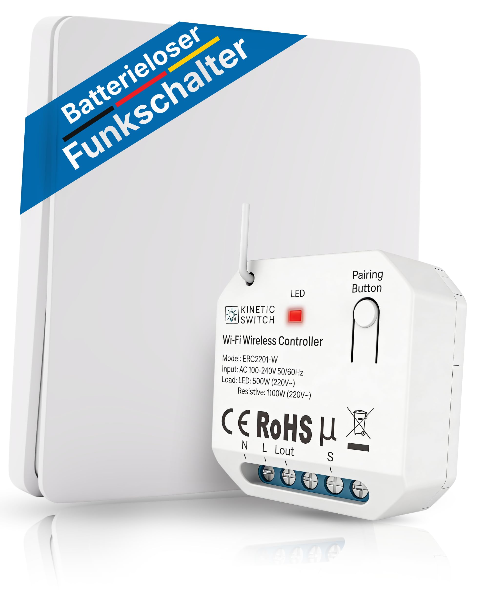Hochwertiger Funkschalter 230V Batterielos | Funk Lichtschalter Set IP67 mit Empfänger | 80m Reichweite | WLAN Lichtschalter Alexa & Google Home