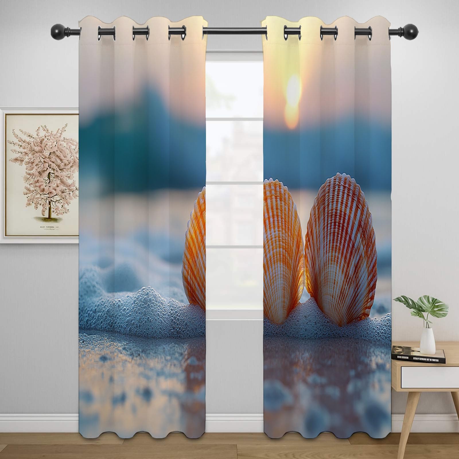 Natur Landschaft Vorhänge Wald Strand-Welle Vintage Muster Verdunkelungsvorhang Landhaus Polyester Ösenschal für Schlafzimmer Wohnzimmer-H240 x B140 cm (2er Pack)