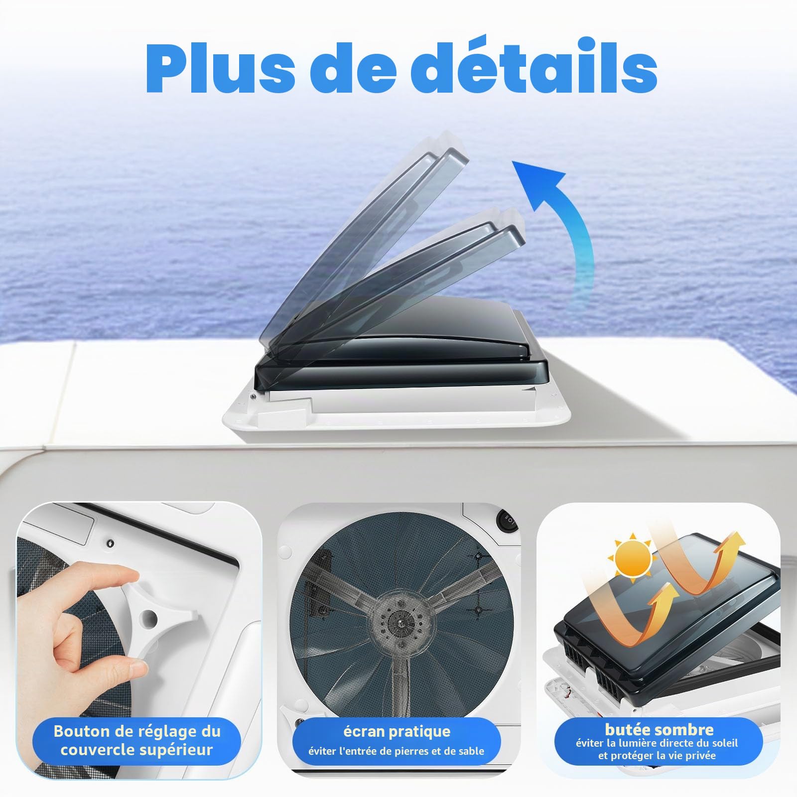 Ventilateur de Toit Camping-Car 12V avec LED - IP68 Étanche - Ouverture 28x28cm - Moteur 5W Super Silencieux