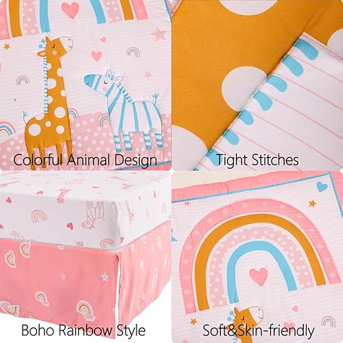 Miniatura 6 de Juego de ropa de cama para cuna para niñas, 4 piezas, bohemio, arco iris, rosa, juego de ropa de cama para guardería con edredón de bebé, sábana