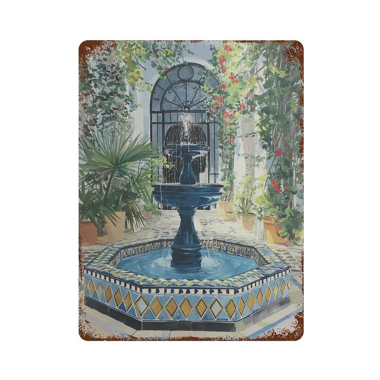 xiaoxiaoshen Andalusian Courtyard Mediterranean Spanish Fountain Moorish Architecture Travel Wall Decor Art Metal Tin Poster Modern Home Decor Art Home Bar Shop Decorations Vintage Sign 40x30cm