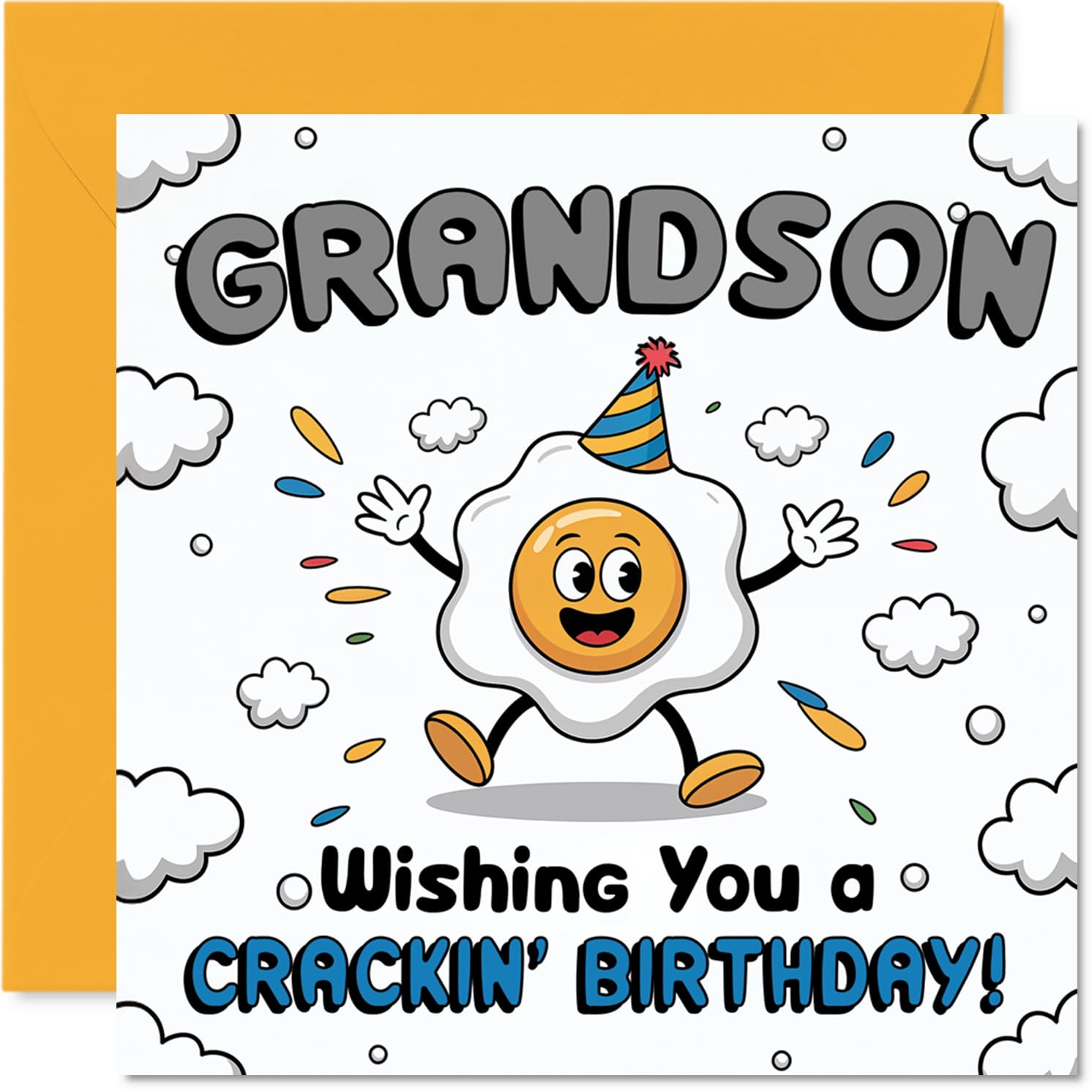 Funny Birthday Card for Grandson - Egg-cellent Laughs for Your Special Day - Cartoon Egg in a Party Hat Design - Guaranteed to Crack a Smile - 145mm Square, Envelope Included