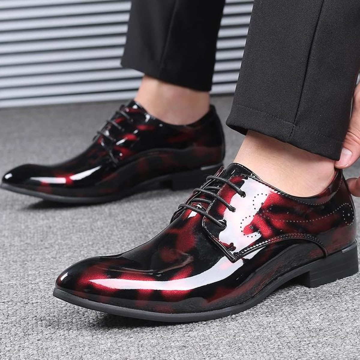 Zapatos De Vestir Cuero Hombre con Cordones - Zapatos De Oxfords Punta Afilada - Charol Estampado Floral for Negocios, Bodas, Fiestas y la Oficina